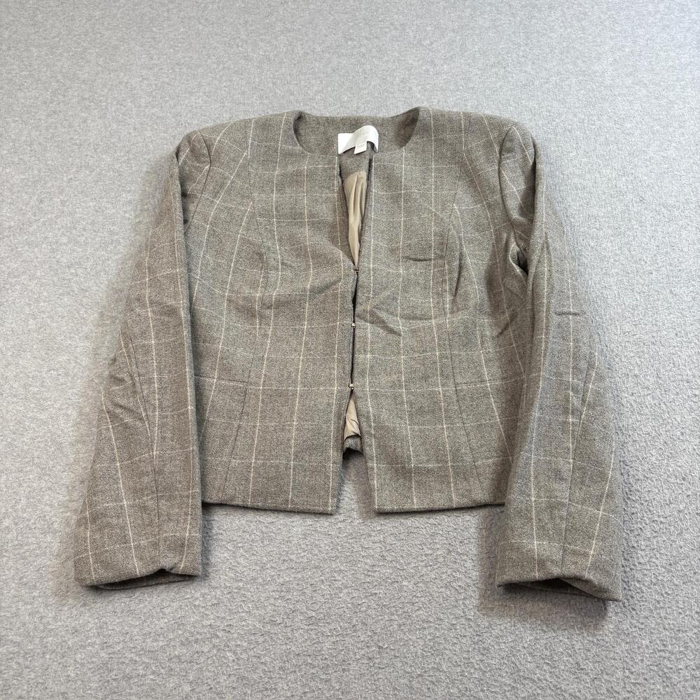 Boss Blazer Womens 10 Gray Plaid Wool Blend Lined Open Front Workwear Academia